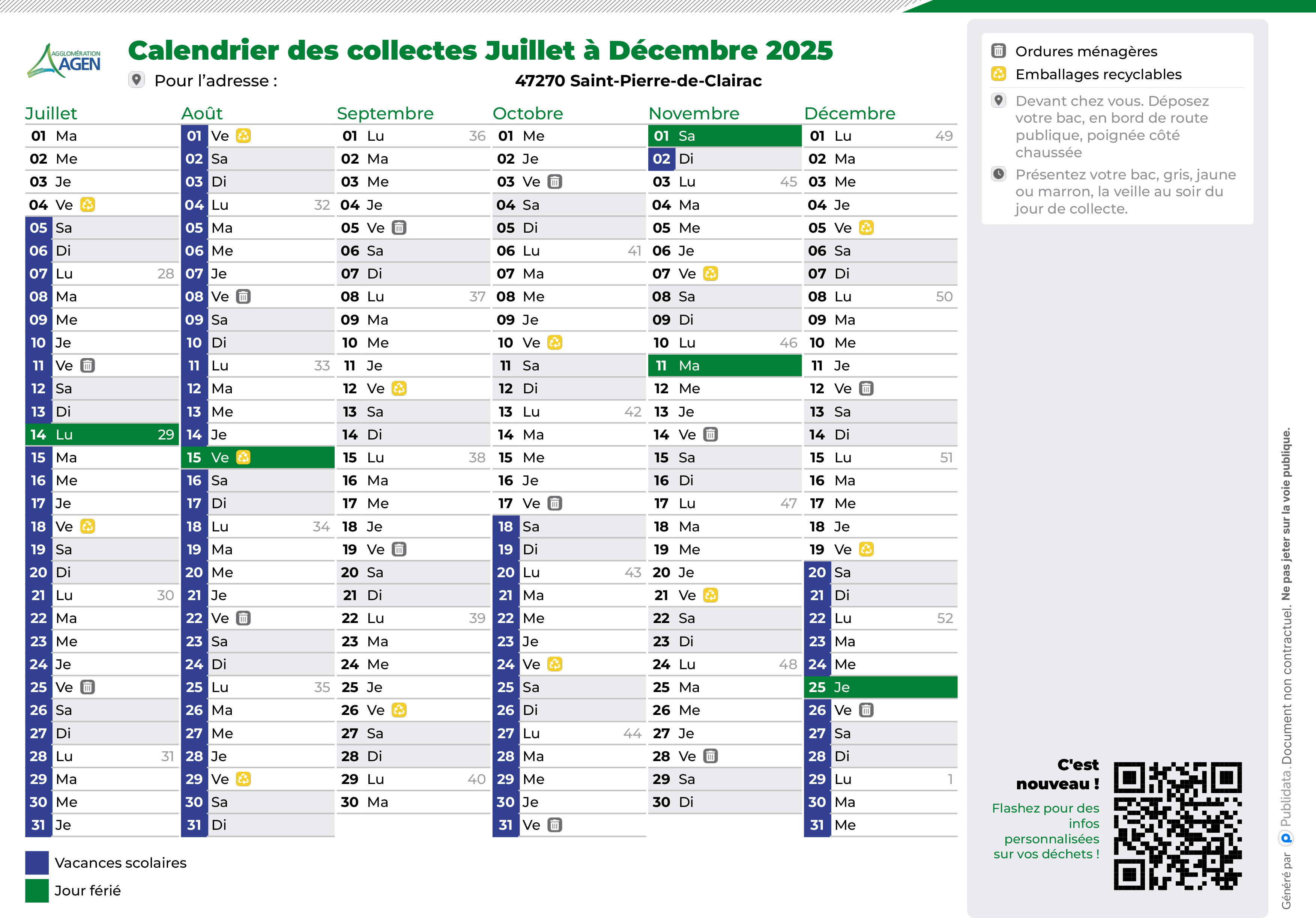 Calendrier de collecte des dechets Agglo d’Agen   Fevrier a Juillet 2024   47270 Saint Pierre de Clairac 1